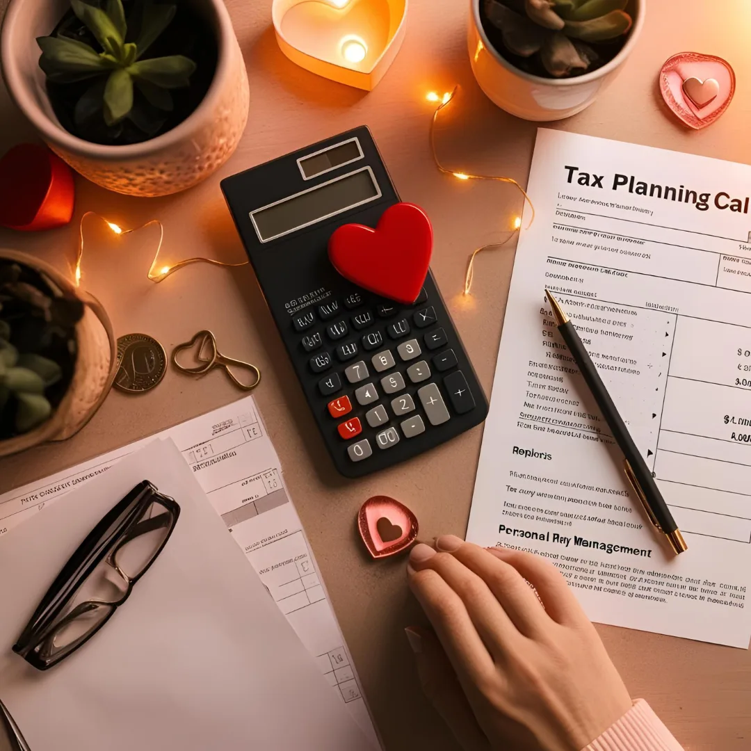 Decorative image to accompany Valentine's post related to tax planning. Image of a calculator, hearts and tax planning checklist.